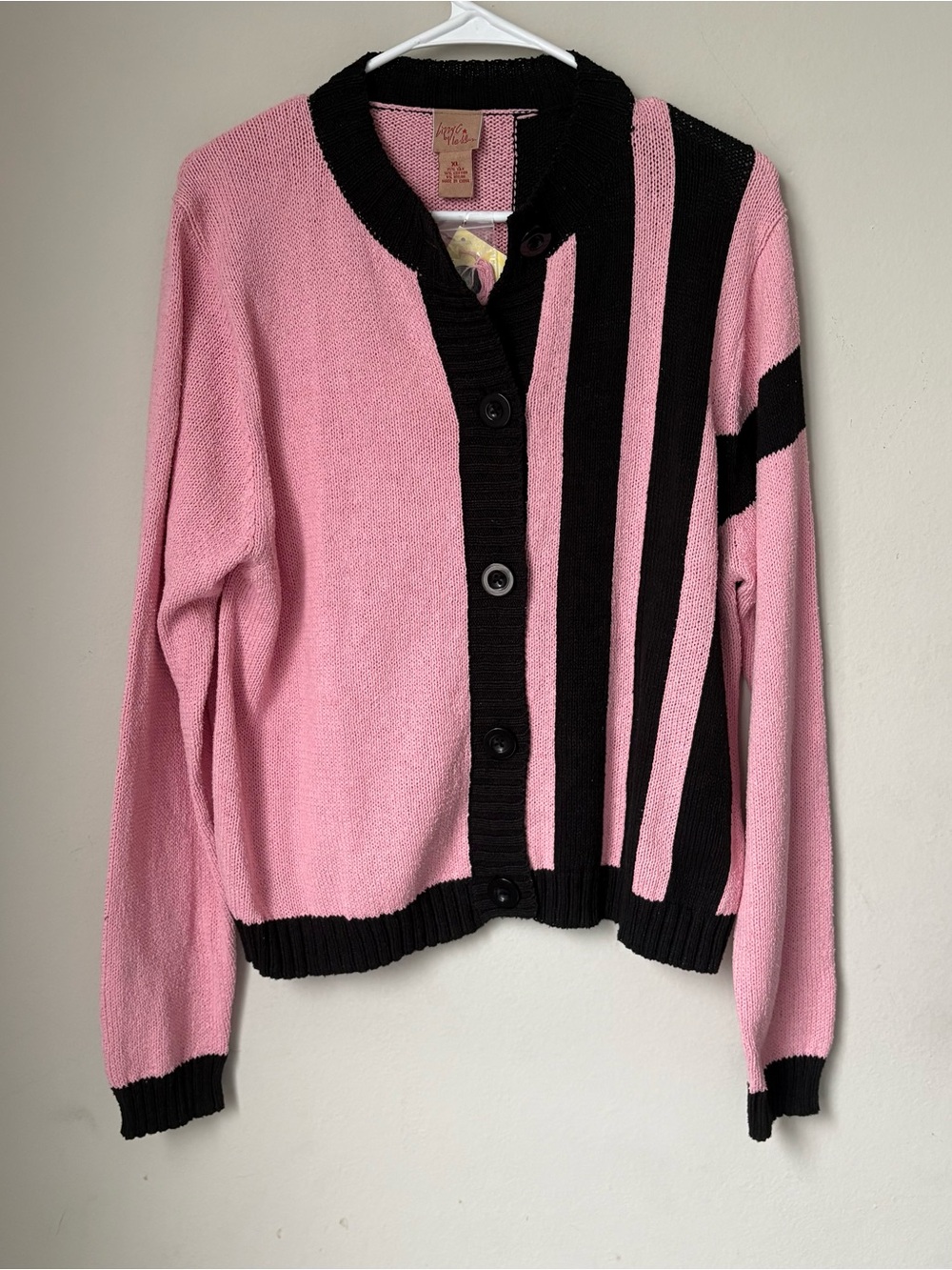 Lizzy C XL 75% Silk Pink Black Striped Button Front Knit Cardigan